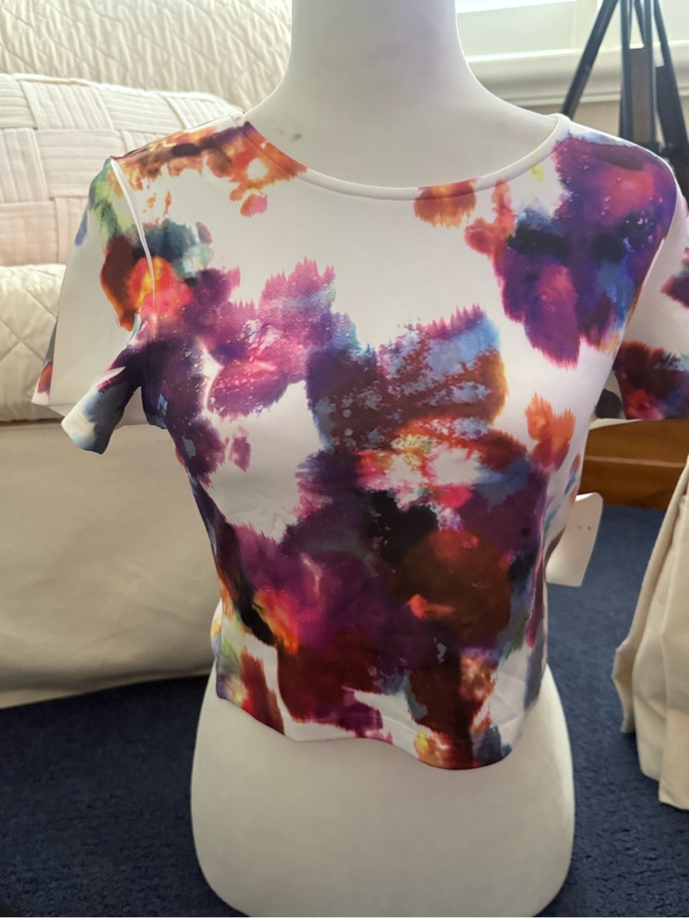 Leith White Crop Top with Purple, Pink & Orange Watercolor Print